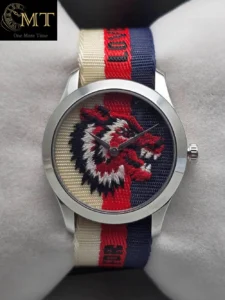 Gucci G-Timeless Wolf Motif Dial Striped Nylon Men's Watch Ref.YA1264059