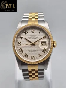 Rolex Datejust 36mm 18K Fluted Gold Steel Ivory Pyramid Roman Numeral Dial Ref.16233