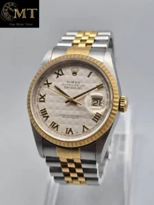 Rolex Datejust 36mm 18K Fluted Gold Steel Ivory Pyramid Roman Numeral Dial Ref.16233-2
