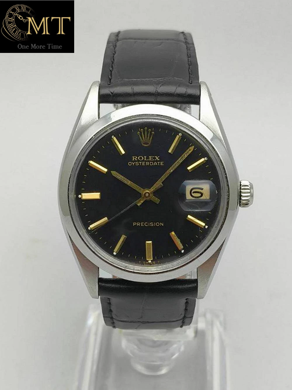 Rolex Oysterdate Precision 34mm Black Dial Steel Leather Strap Ref.6694