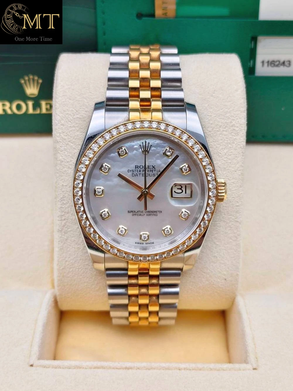 Rolex Datejust 36mm Steel & YG White MOP Diamond Dial Diamond Bezel Jubilee Ref.116243