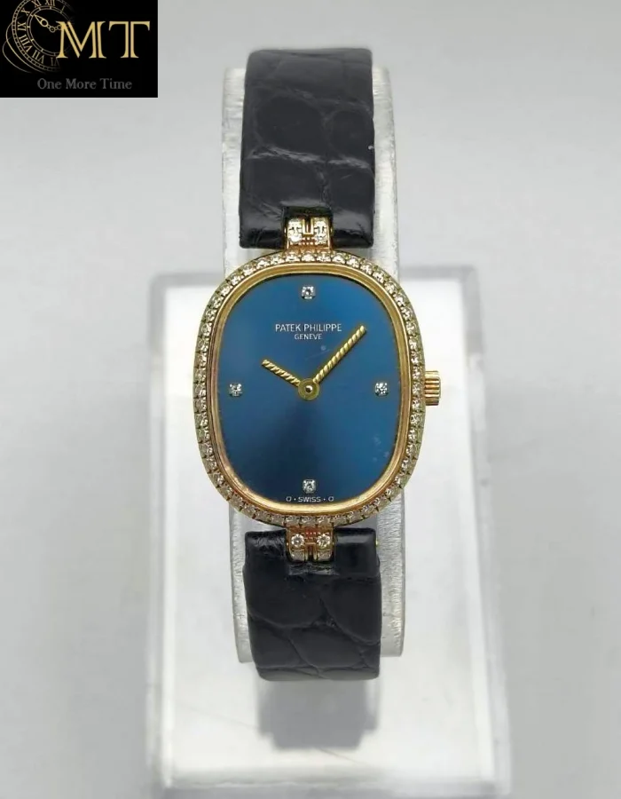 Patek Philippe Ellipse 20mm Yellow Gold 18k Diamond Bezel Blue Dial Ref.4698