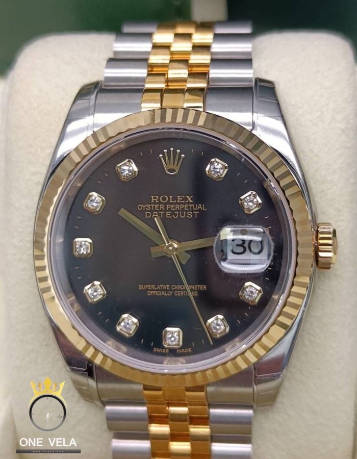 Rolex Datejust 36 Gold & Steel Black Dial Diamond Index Ref.116233