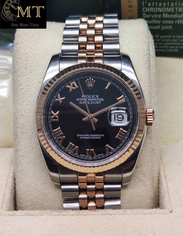 Rolex Datejust 36mm 2Tone Black Roman Numeral Dial Ref.116231