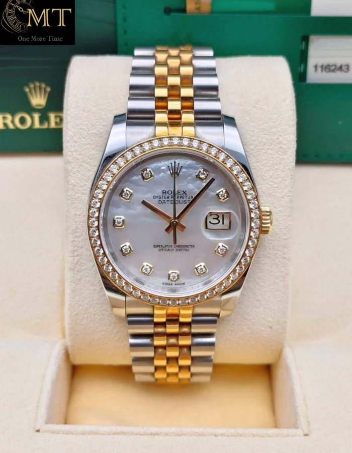 Rolex Datejust 36mm Steel & YG White MOP Diamond Dial Diamond Bezel Jubilee Ref.116243