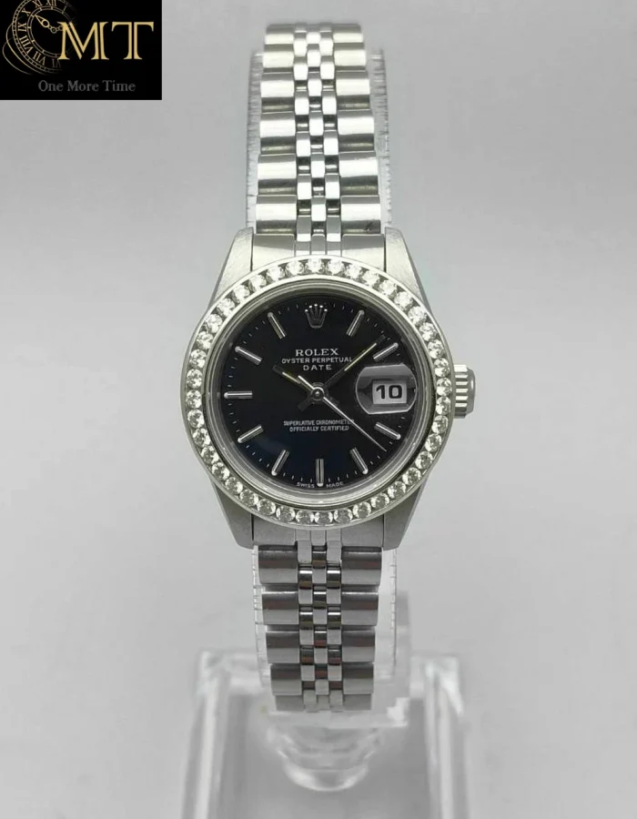 Rolex Oyster Perpetual Date Lady 26mm Steel Black Dial Aftermarket Diamond Bezel Jubilee Ref.69160