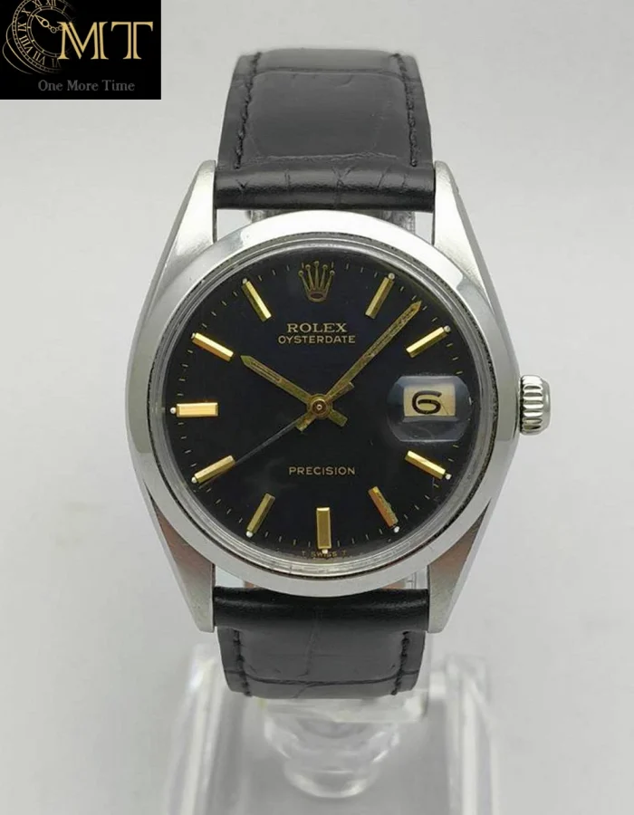 Rolex Oysterdate Precision 34mm Black Dial Steel Leather Strap Ref.6694